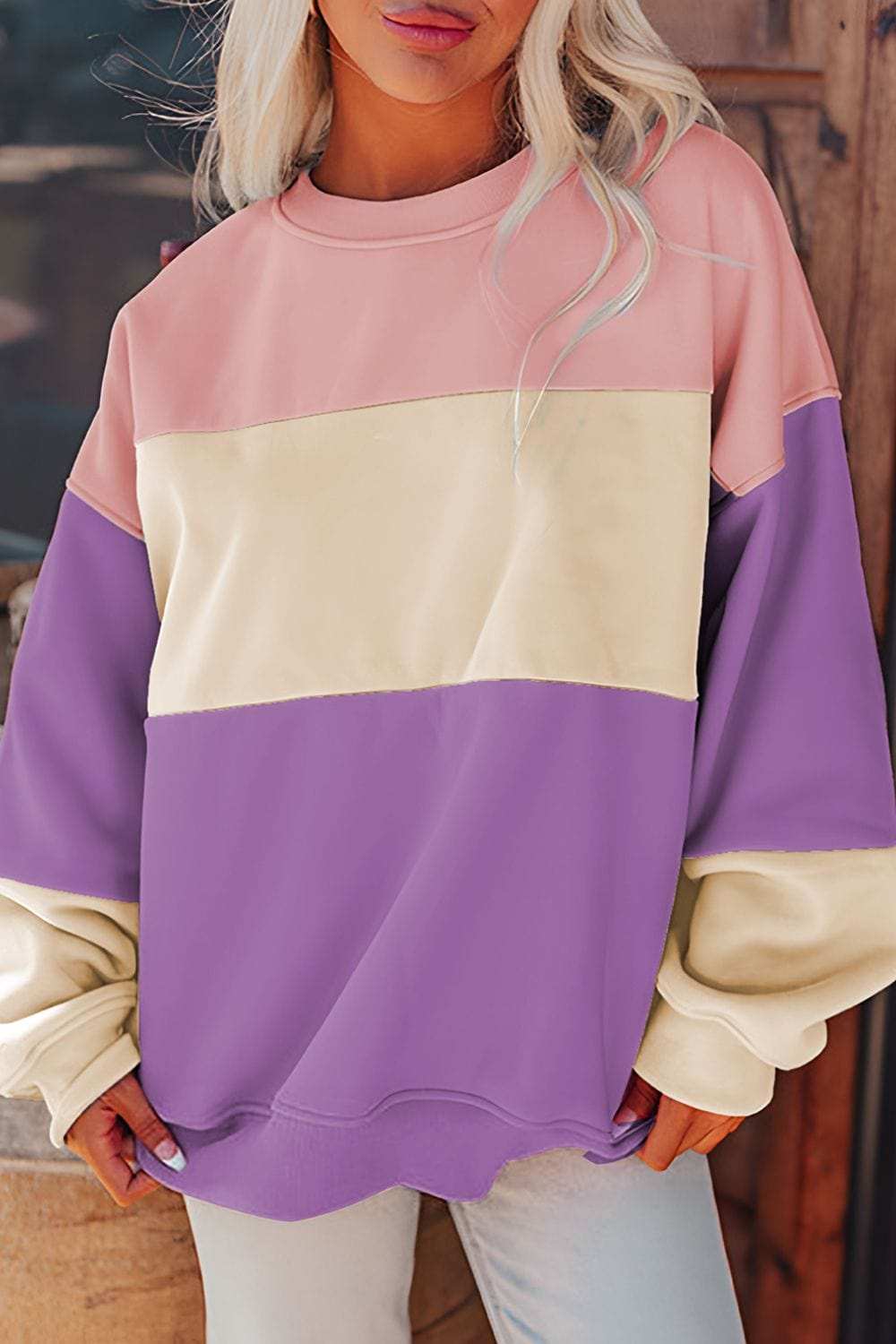 Contrast Round Neck Long Sleeve Sweatshirt - Trendsi - Flyclothing LLC