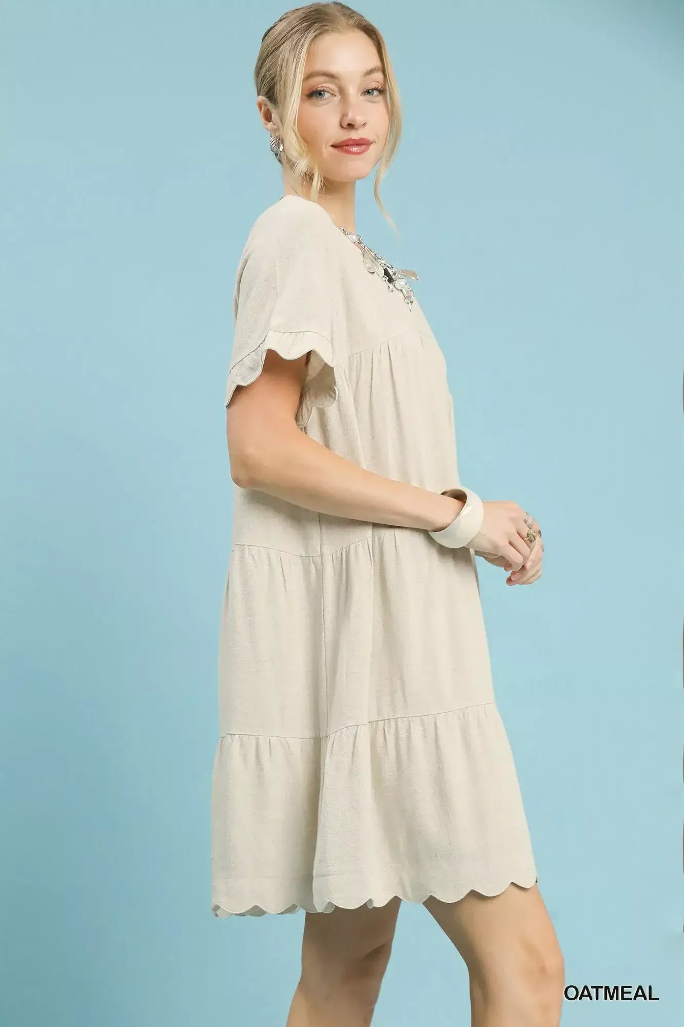 Umgee Linen Tiered Babydoll Dress with Ruffle Sleeves - Trendsi - Flyclothing LLC