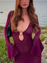 Slit Plunge Flare Sleeve Cover-Up Dress - Trendsi - Flyclothing LLC