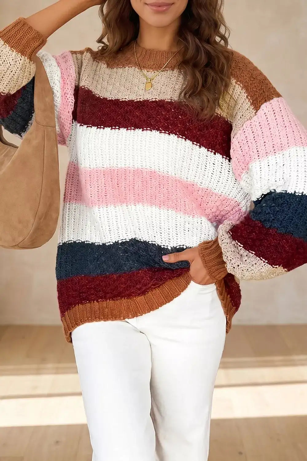 Striped Knit Dropped Shoulder Round Neck Sweater - Trendsi - Flyclothing LLC