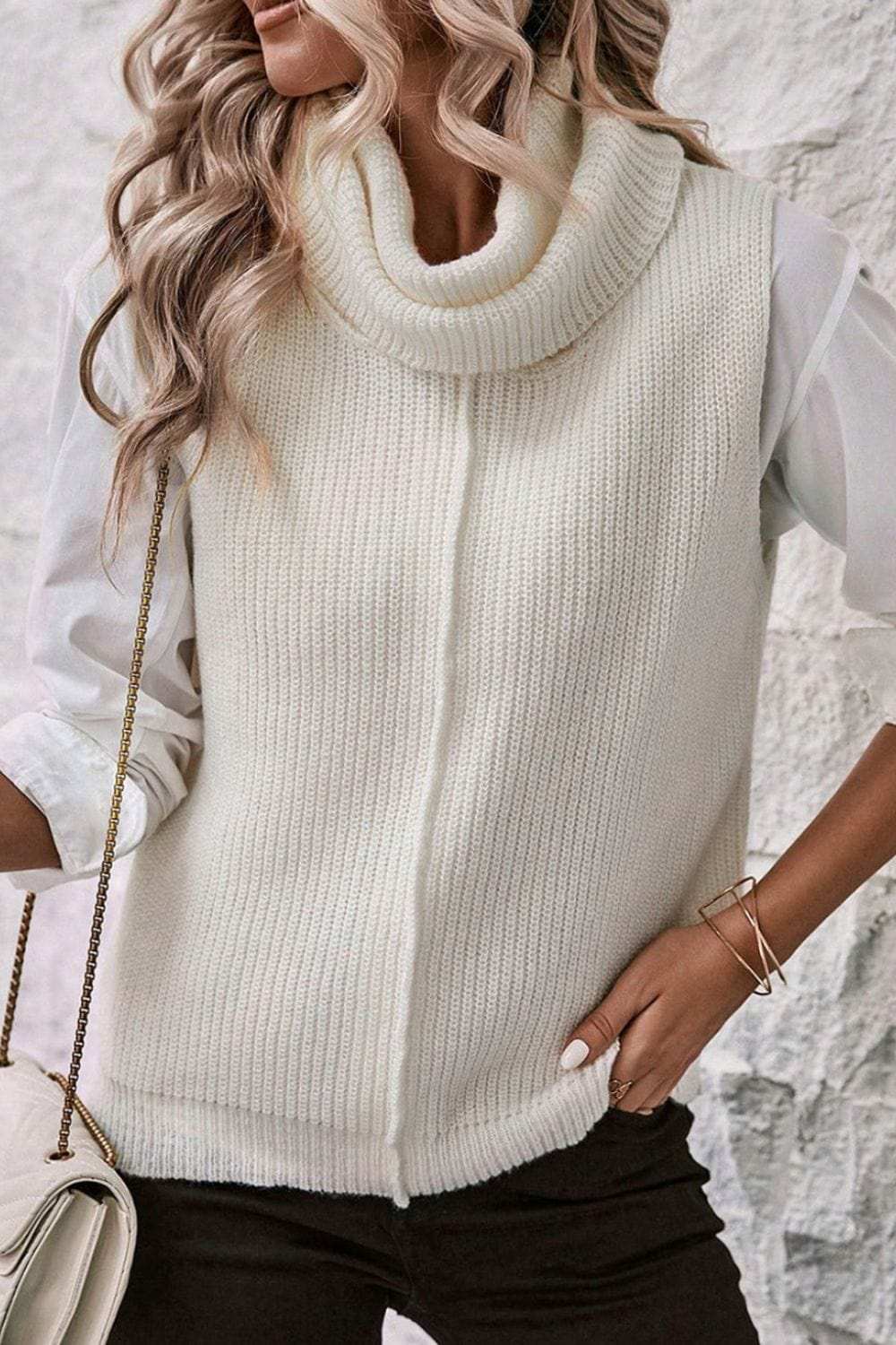 Central Seam Turtleneck Sleeveless Sweater Vest - Trendsi - Flyclothing LLC