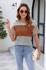 Color Block Round Neck Short Sleeve T-Shirt - Trendsi - Flyclothing LLC
