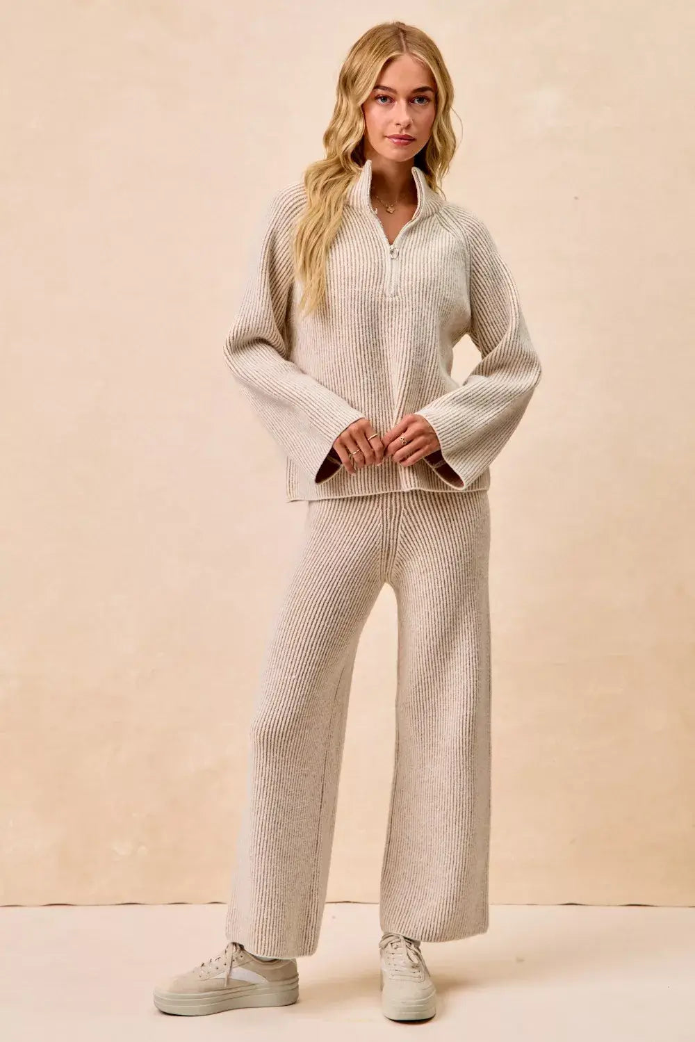 BiBi Two Tone Rib Texured Knit Collared Top with Zip Up - Trendsi - Flyclothing LLC