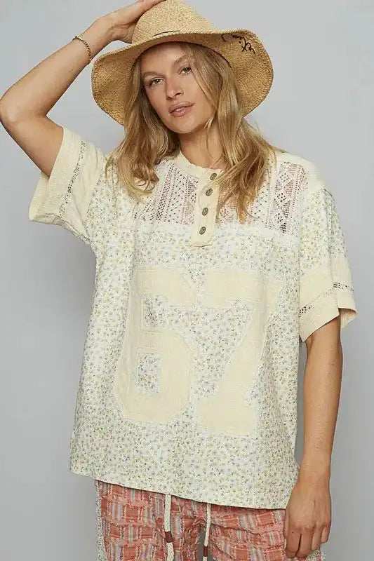 POL Number Floral Crochet Button Detail Half Sleeve Top - Trendsi - Flyclothing LLC