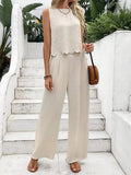 Tie Back Round Neck Top and Pants Set - Trendsi