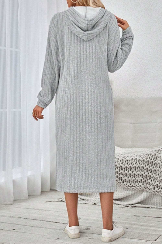 Side Slit Drawstring Long Sleeve Hooded Dress - Trendsi - Flyclothing LLC