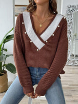 Contrast Trim Dropped Shoulder Long Sleeve Sweater - Trendsi - Flyclothing LLC