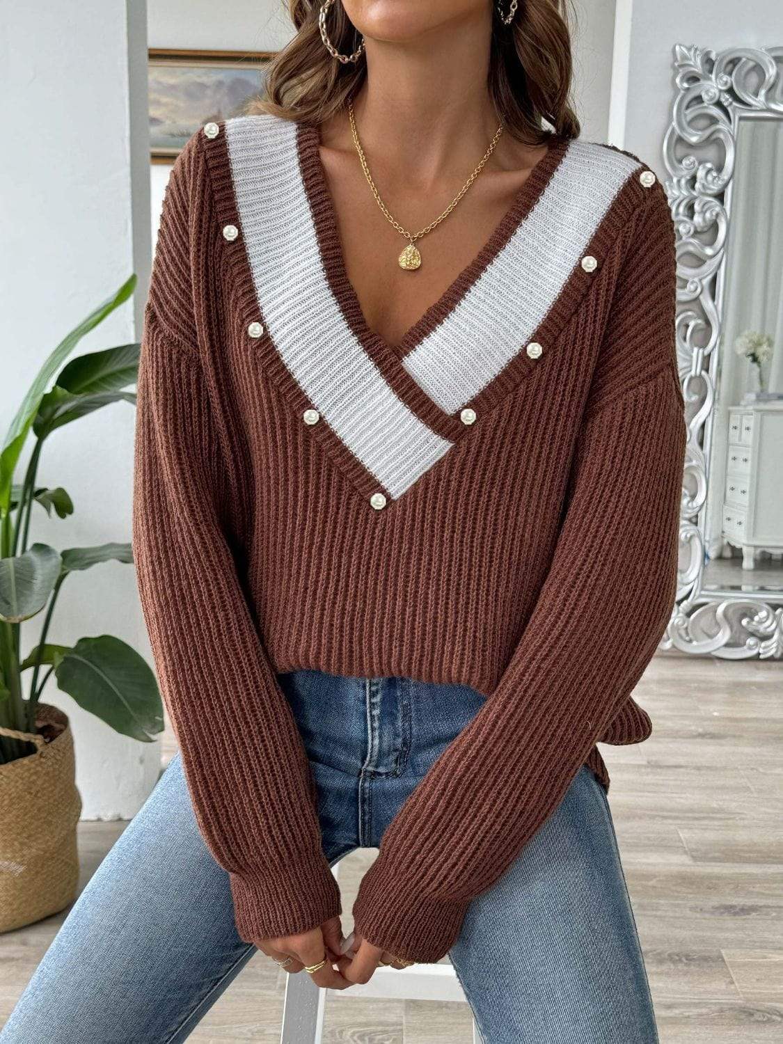 Contrast Trim Dropped Shoulder Long Sleeve Sweater - Trendsi - Flyclothing LLC