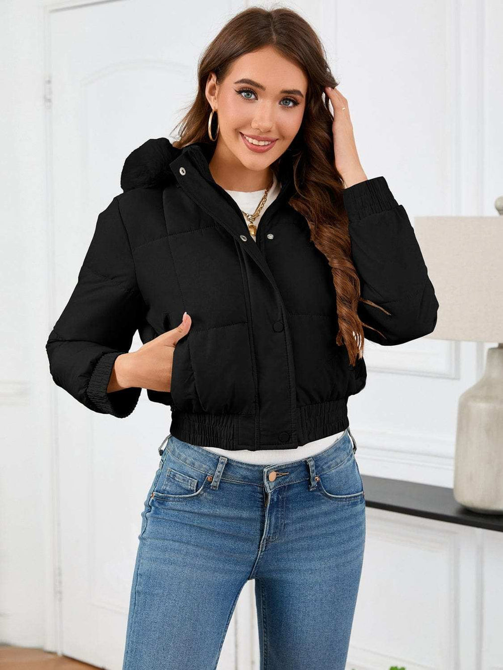 Pocketed Long Sleeve Cropped Hooded Winter Coat - Trendsi - Flyclothing LLC