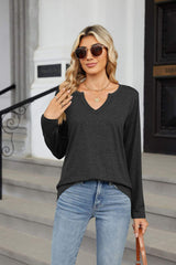Notched Long Sleeve T-Shirt - Trendsi - Flyclothing LLC