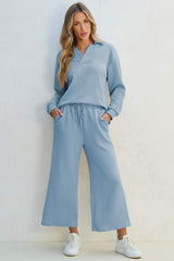 Textured Collared Neck Top and Wide Leg Pants Set - Trendsi - Flyclothing LLC