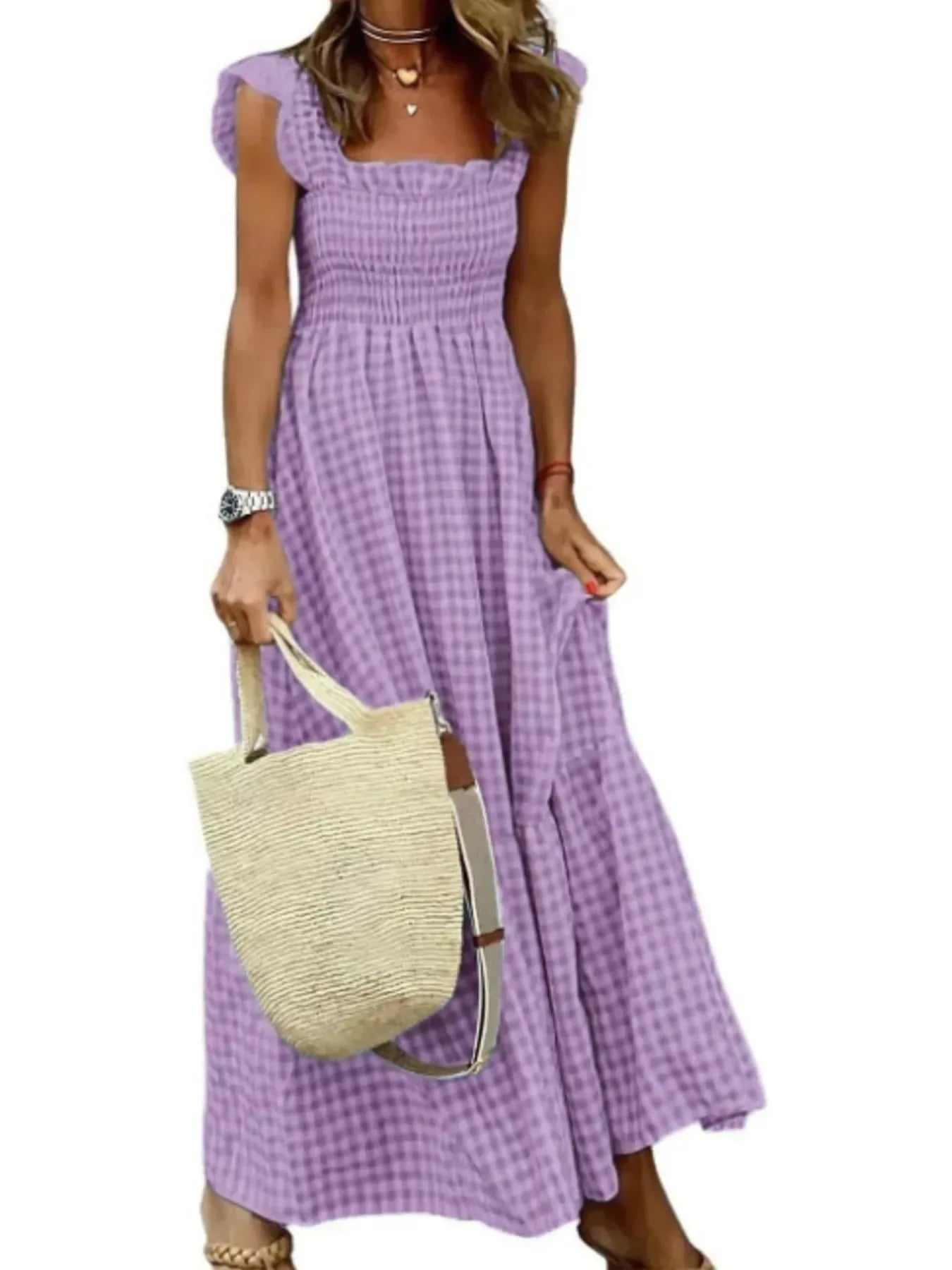 Full Size Gingham Smocked Ruffle Maxi Dress Plus Size - Trendsi - Flyclothing LLC