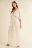 MABLE Fluffy Deep V Neck Wide Leg Jumpsuit - Trendsi