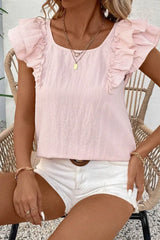 Textured Bow Knot Frilled Butterfly Sleeve Blouse - Trendsi - Flyclothing LLC