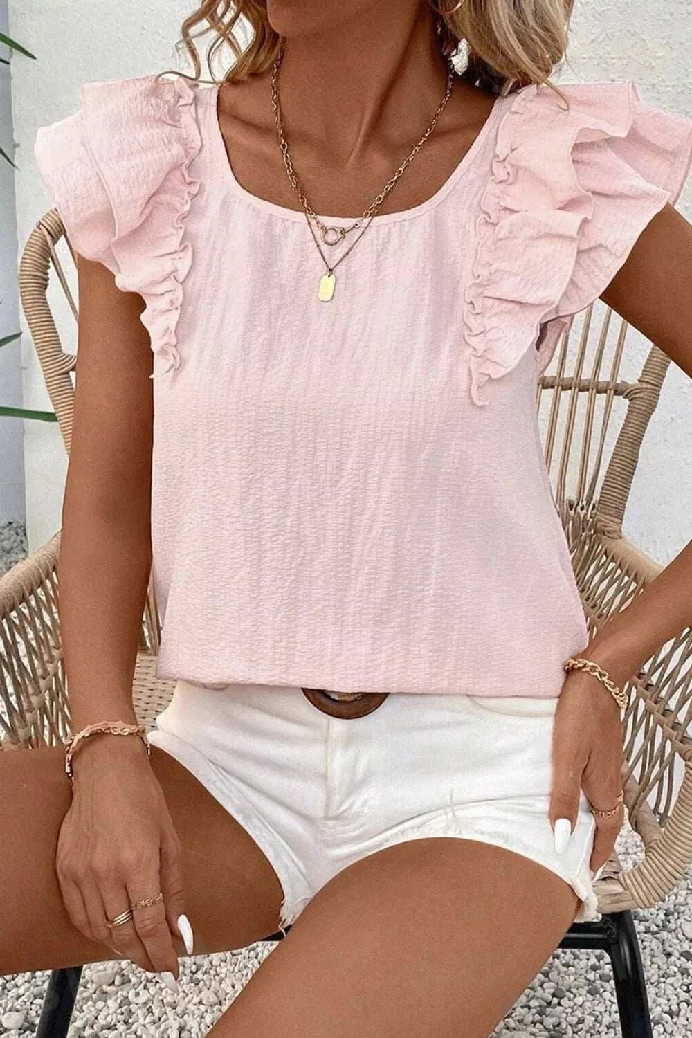 Textured Bow Knot Frilled Butterfly Sleeve Blouse - Trendsi - Flyclothing LLC