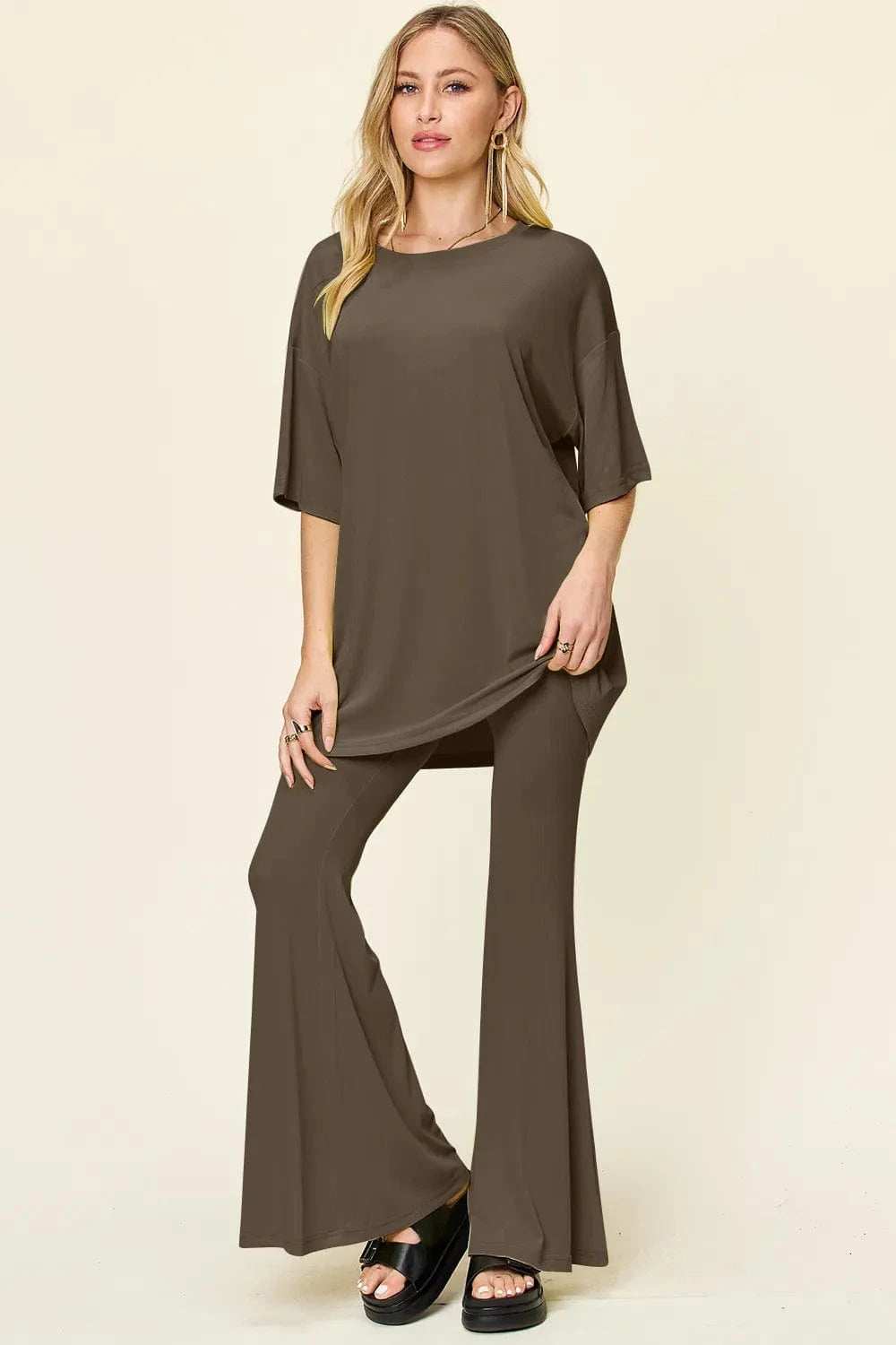 Double Take Full Size Round Neck Drop Shoulder T-Shirt and Flare Pants Set - Trendsi - Flyclothing LLC