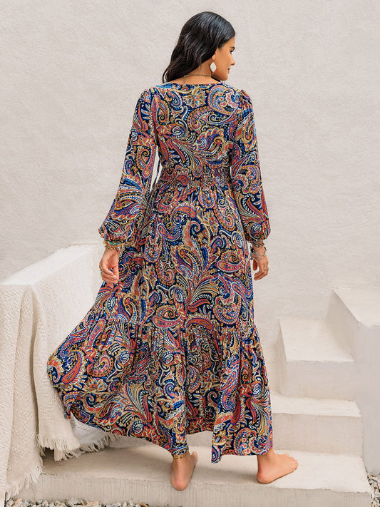 Printed Tie Neck Long Sleeve Midi Dress - Trendsi