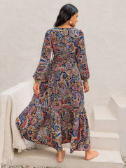 Printed Tie Neck Long Sleeve Midi Dress - Trendsi