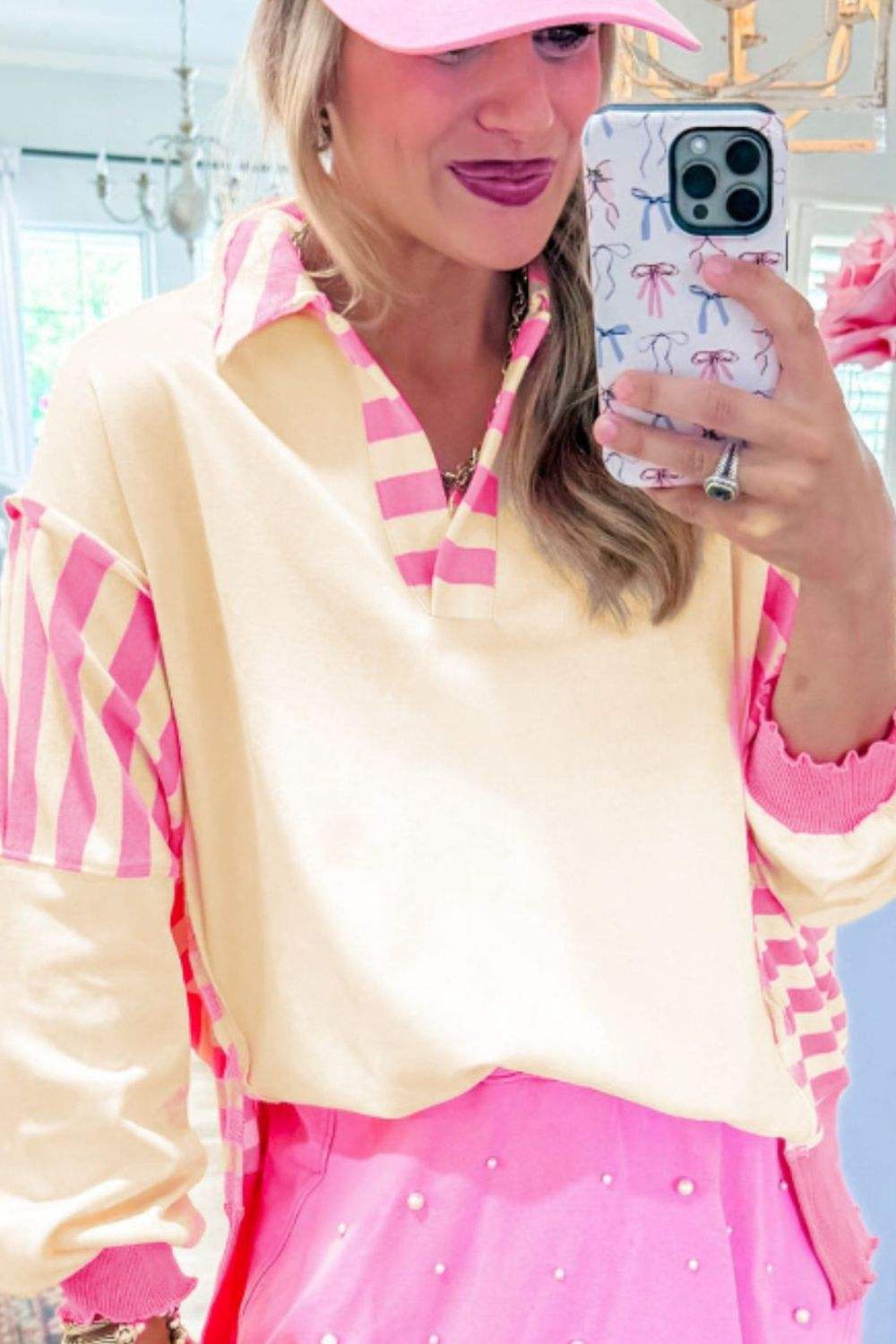Striped Johnny Collar Long Sleeve Sweatshirt - Trendsi - Flyclothing LLC