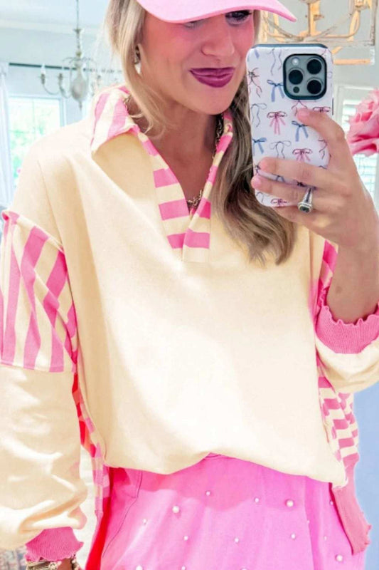 Striped Johnny Collar Long Sleeve Sweatshirt - Trendsi - Flyclothing LLC
