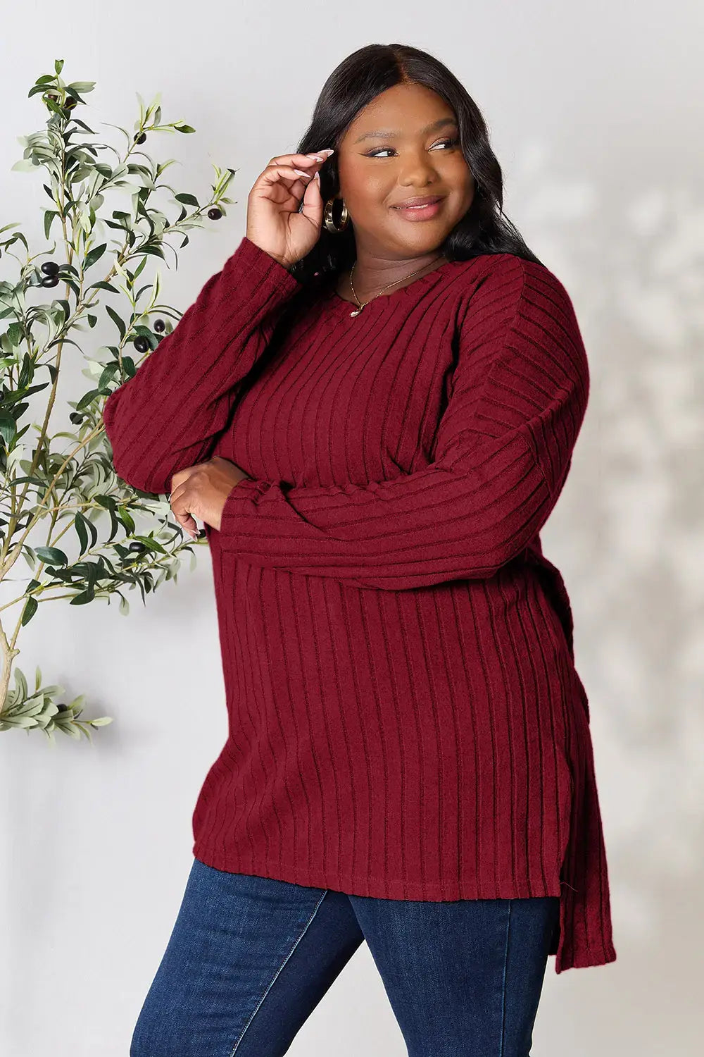 Basic Bae Full Size Ribbed Round Neck Long Sleeve Slit Top - ShopBasicbae - Flyclothing LLC