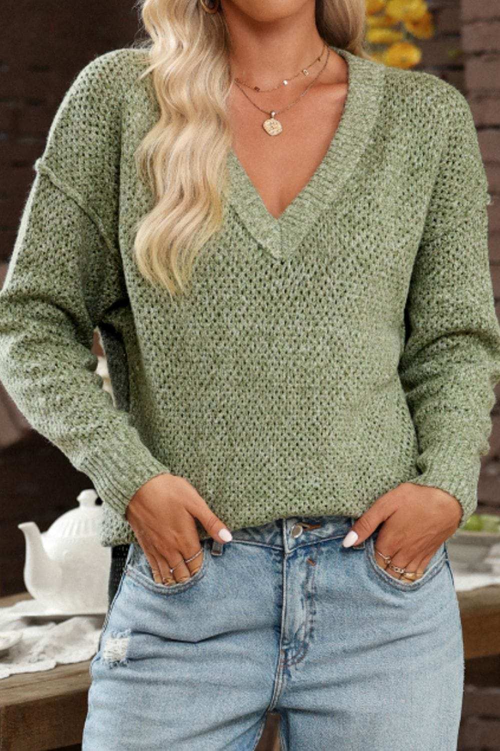 V-Neck Dropped Shoulder Long Sleeve Sweater - Trendsi - Flyclothing LLC