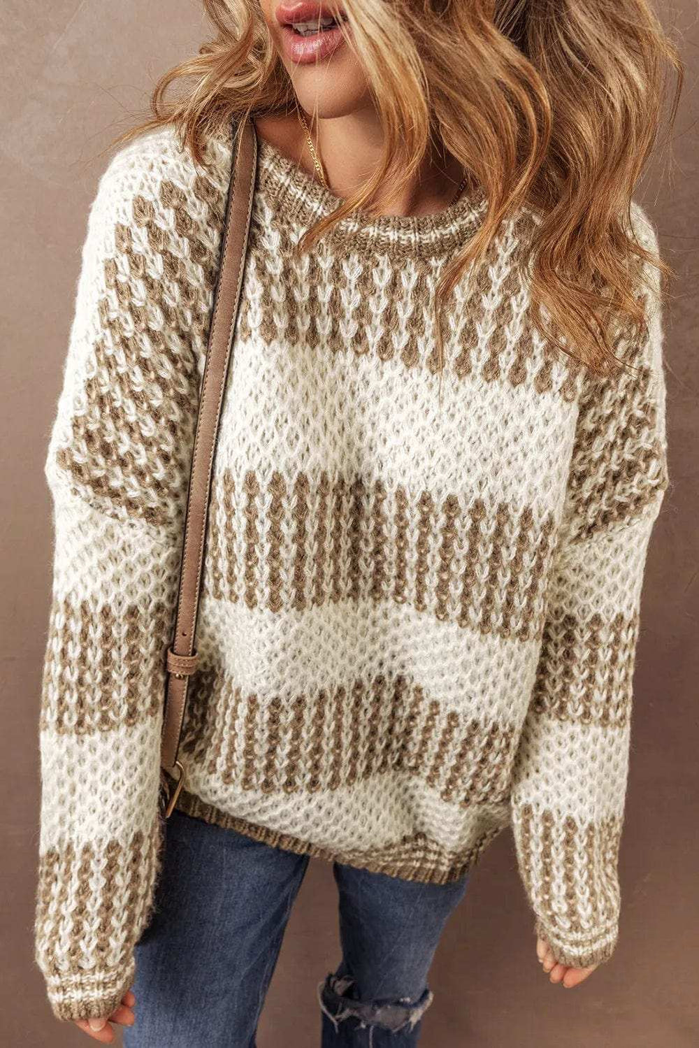 Color Block Round Neck Dropped Shoulder Sweater - Trendsi - Flyclothing LLC