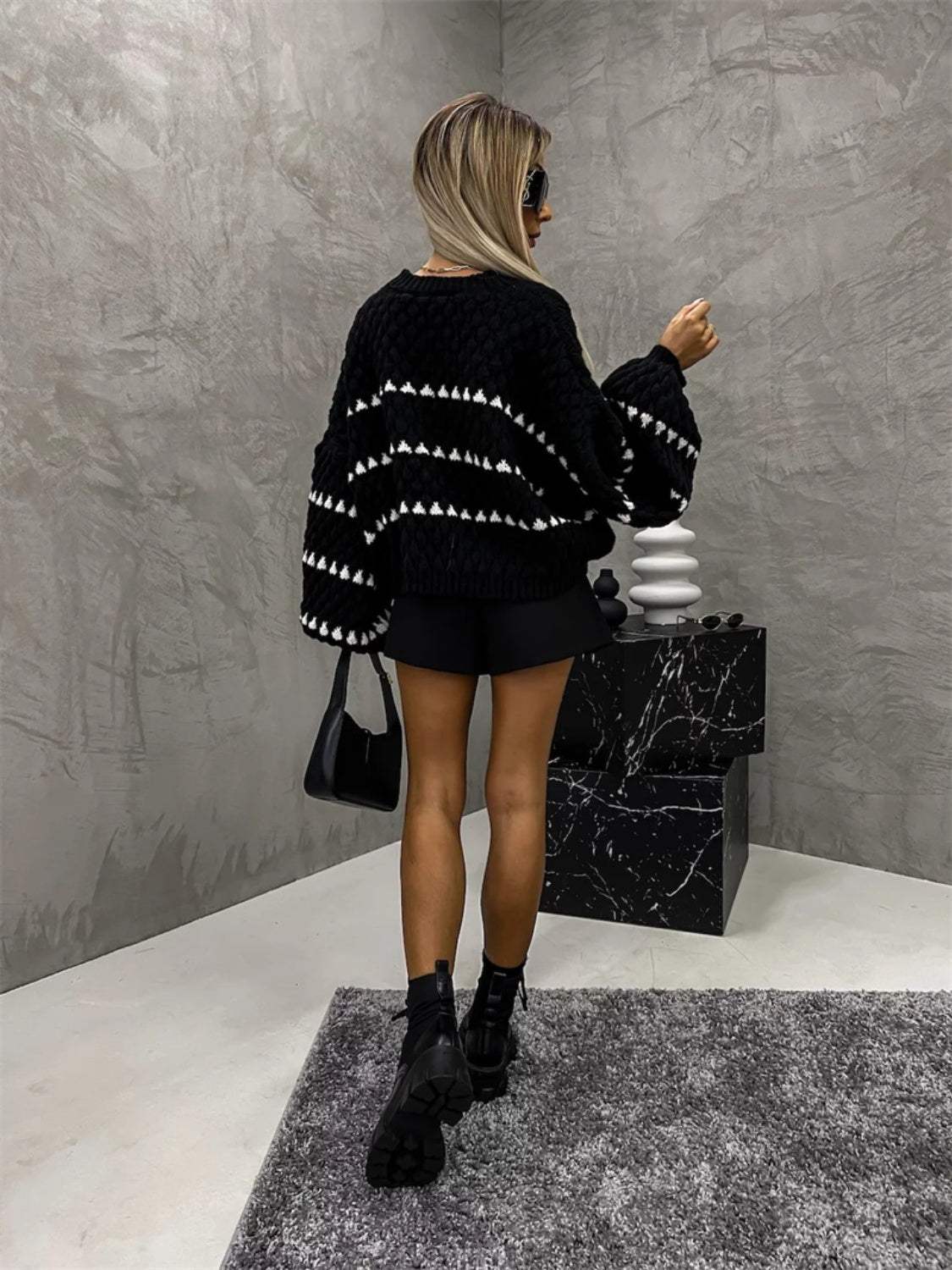 Contrast Round Neck Long Sleeve Sweater - Trendsi - Flyclothing LLC
