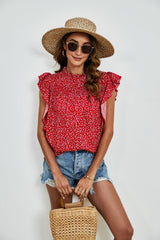 Ruffled Ditsy Floral Mock Neck Cap Sleeve Blouse - Trendsi
