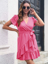 Tied Surplice Short Sleeve Dress - Trendsi - Flyclothing LLC