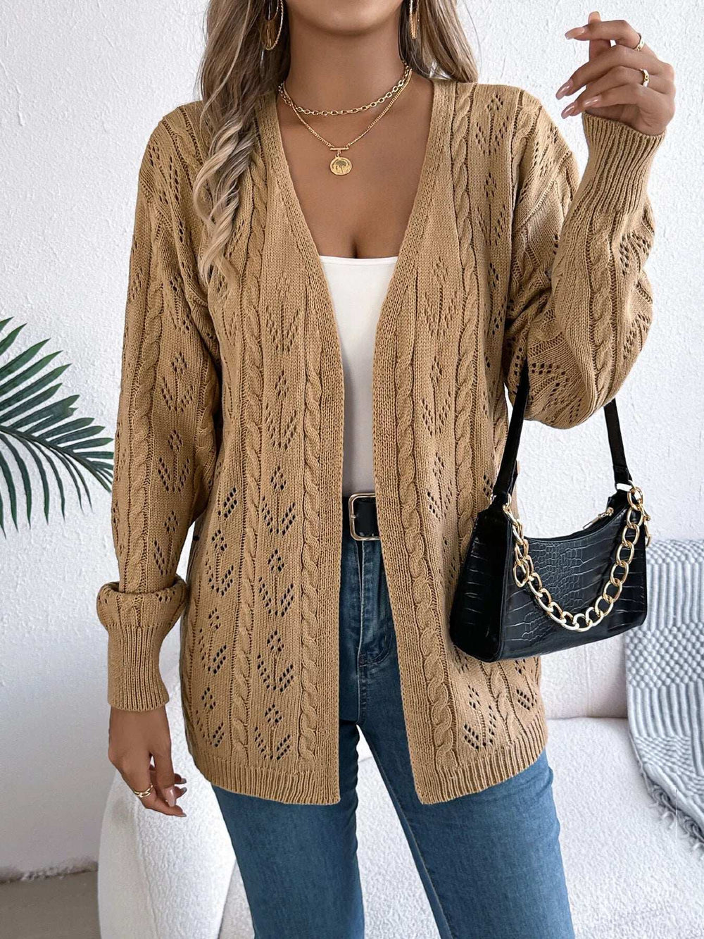 Openwork Open Front Long Sleeve Cardigan - Trendsi - Flyclothing LLC