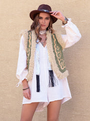 Fuzzy Trim Open Front Vest Coat - Trendsi