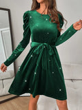 Glitter Round Neck Puff Sleeve Dress - Trendsi