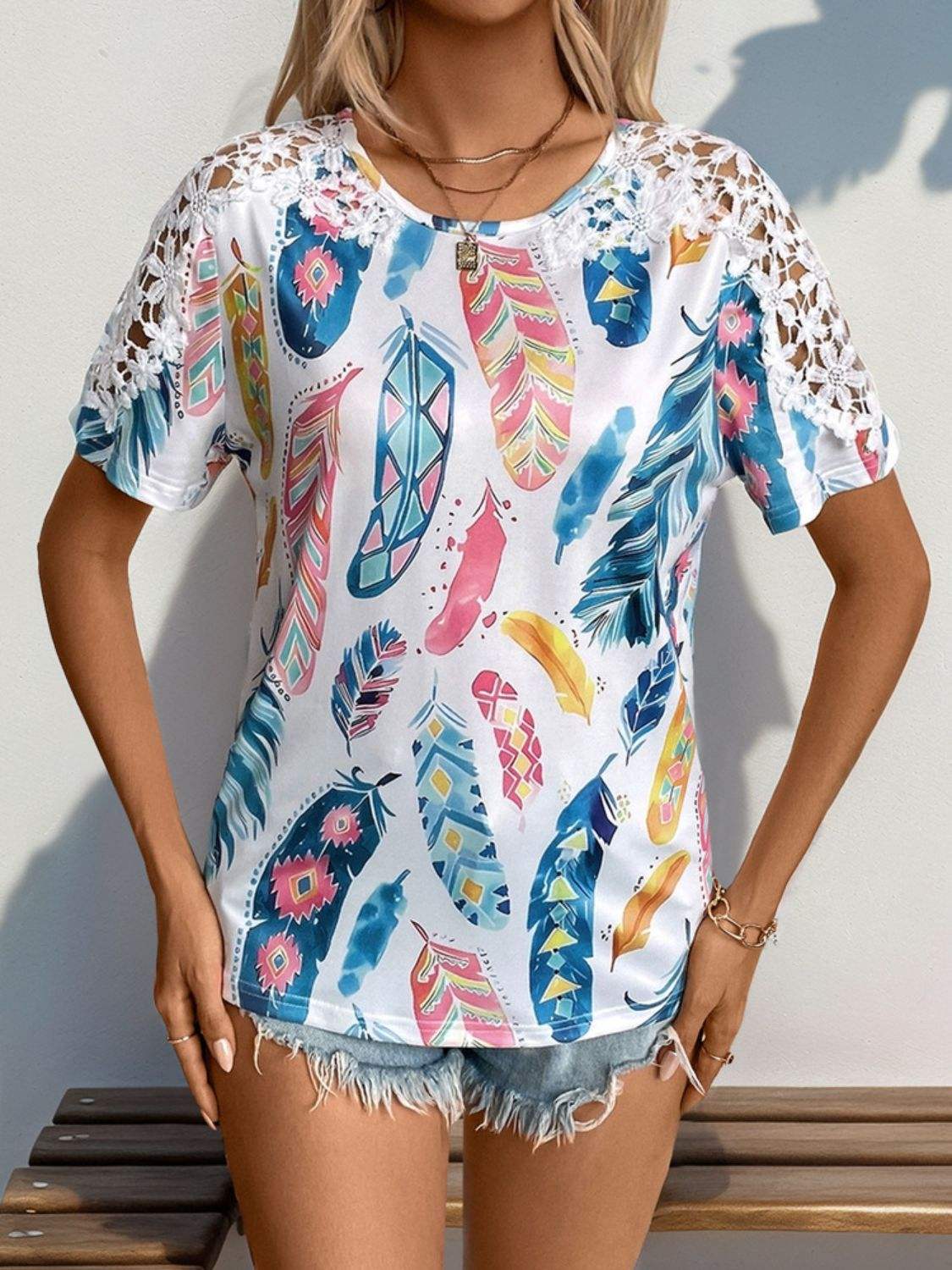 Printed Round Neck Lace Short Sleeve Top - Trendsi - Flyclothing LLC