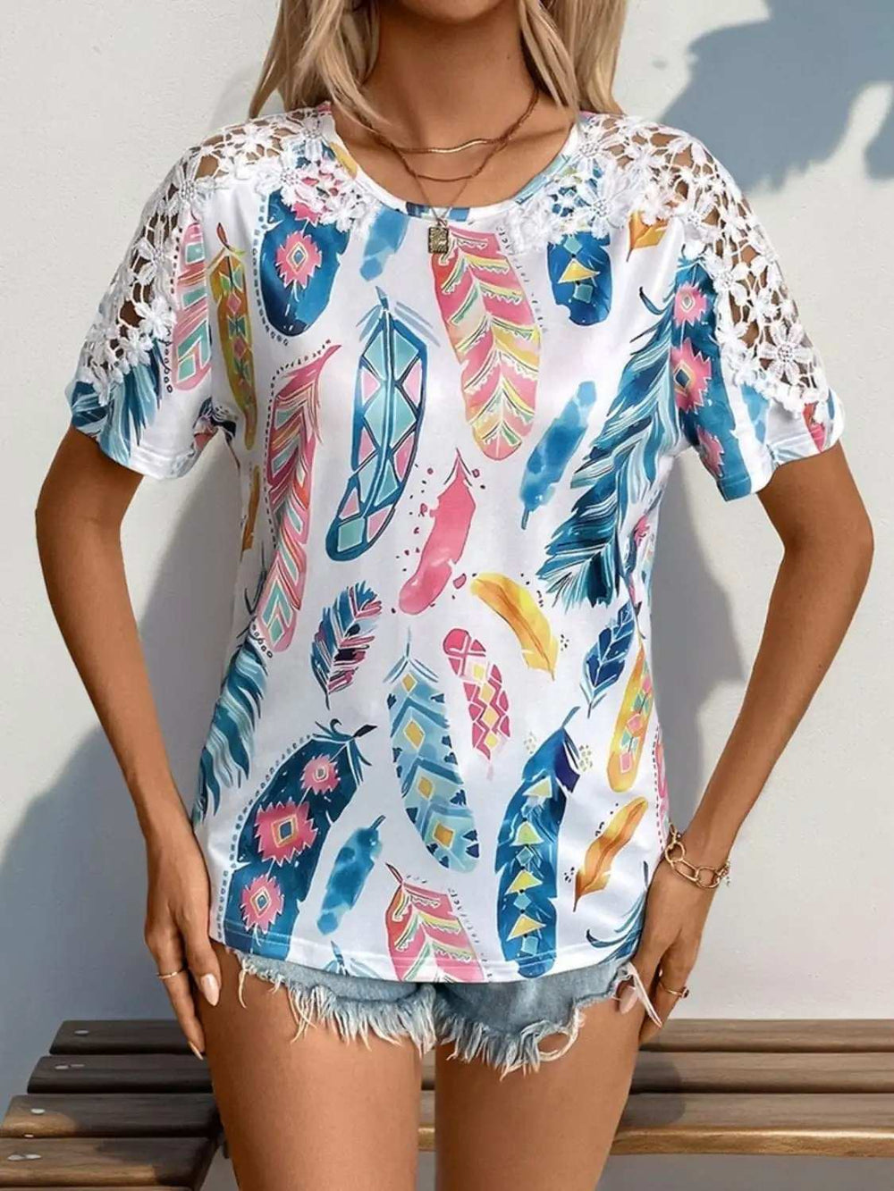Printed Round Neck Lace Short Sleeve Top - Trendsi - Flyclothing LLC