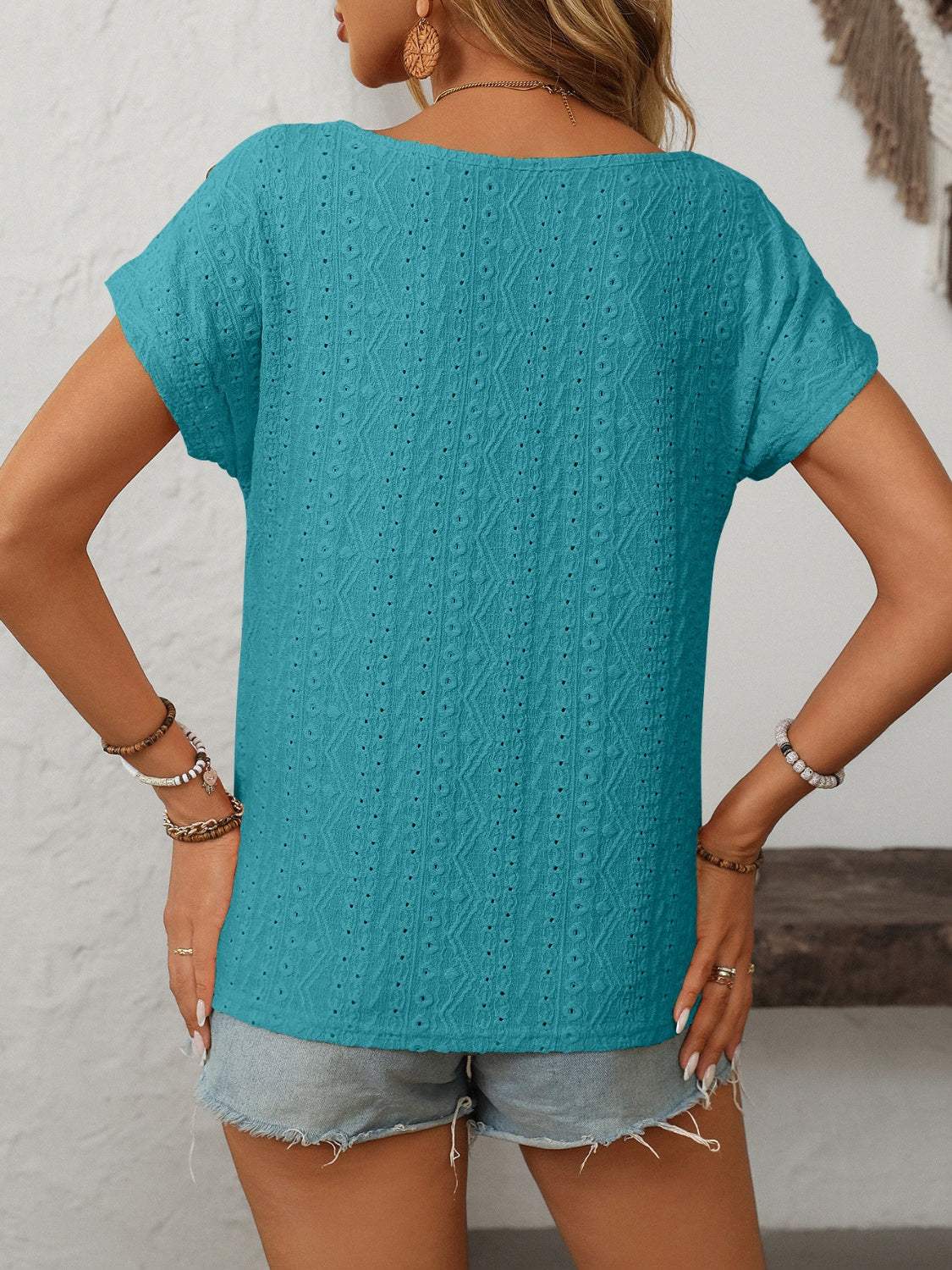 Mandy Eyelet Round Neck Short Sleeve Top - Trendsi - Flyclothing LLC