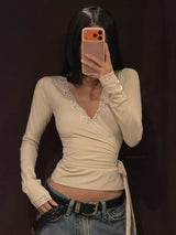 Lace-Trimmed Long Sleeves Wrap Blouse - Trendsi - Flyclothing LLC