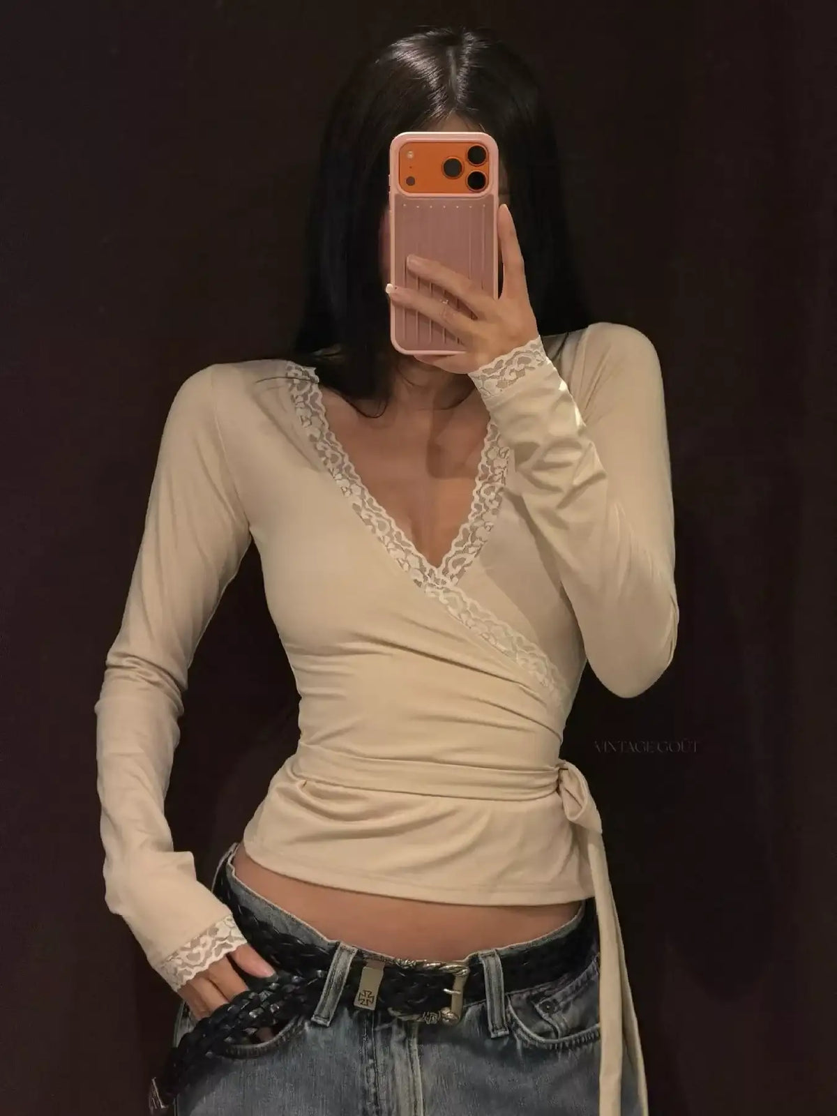 Lace-Trimmed Long Sleeves Wrap Blouse - Trendsi - Flyclothing LLC