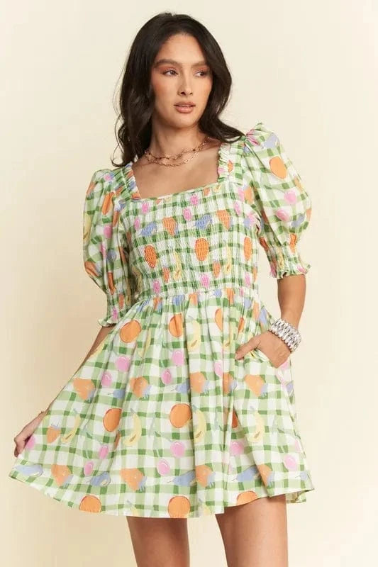 Davi & Dani Fruits Printed Smocking Mini Dress - Trendsi