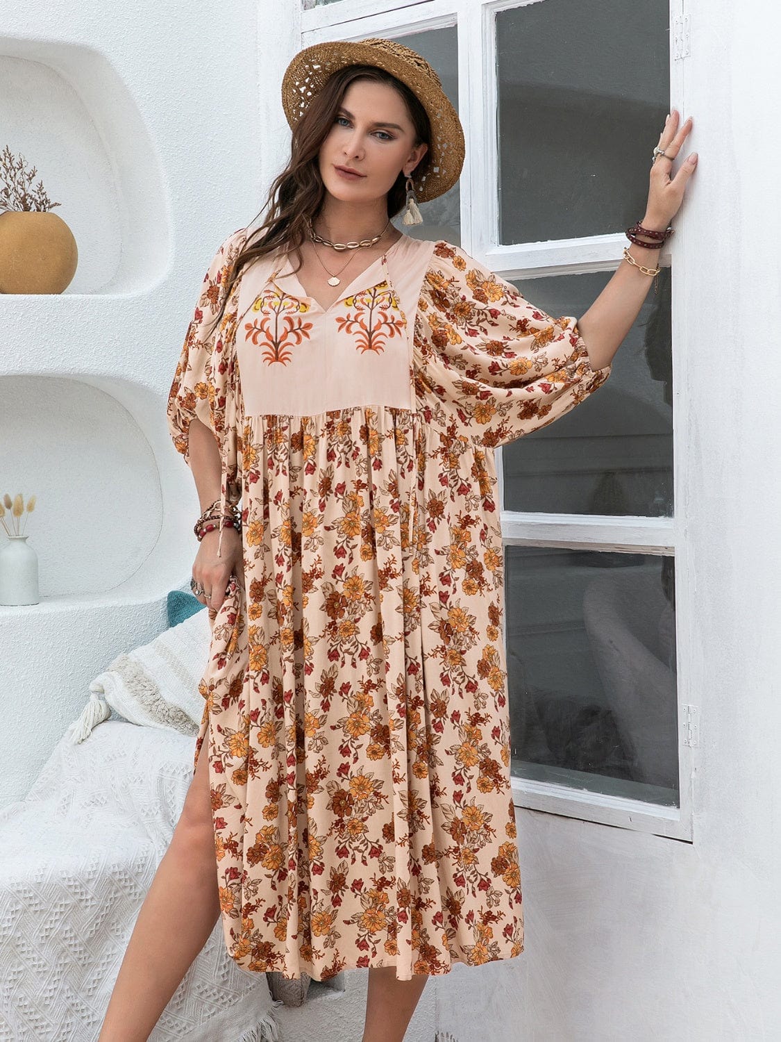 Plus Size Printed Tie Neck Half Sleeve Midi Dress - Trendsi