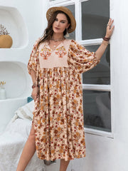Plus Size Printed Tie Neck Half Sleeve Midi Dress - Trendsi