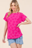 BOMBOM Textured Floral Pattern Short Sleeve T-Shirt - Trendsi