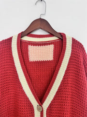 Pocketed Contrast V-Neck Long Sleeve Cardigan - Trendsi