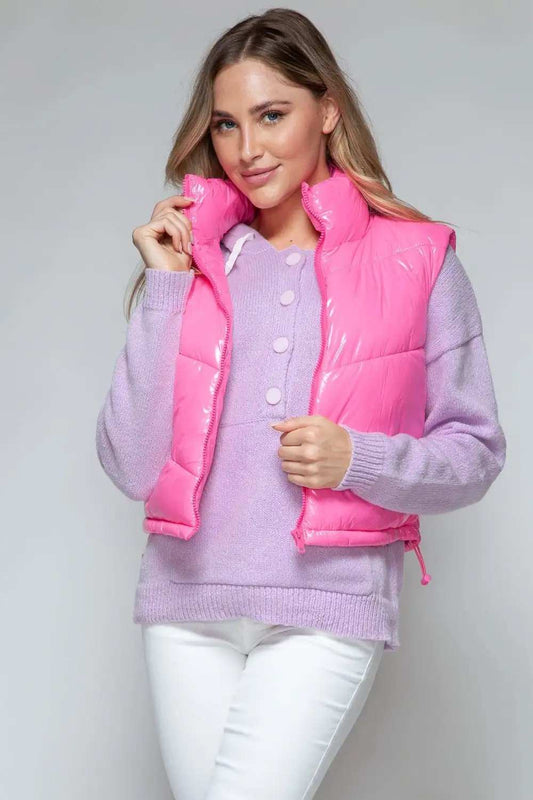 Snobbish Zip Up Turtleneck Shiny Quilted Vest - Trendsi - Flyclothing LLC