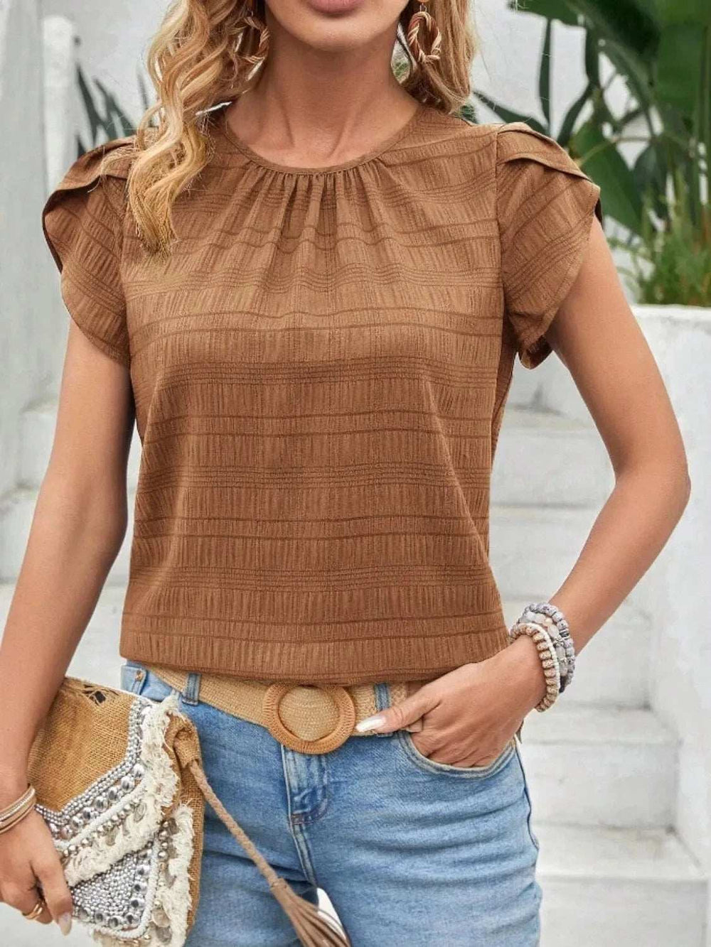 Round Neck Petal Sleeve Top - Trendsi - Flyclothing LLC