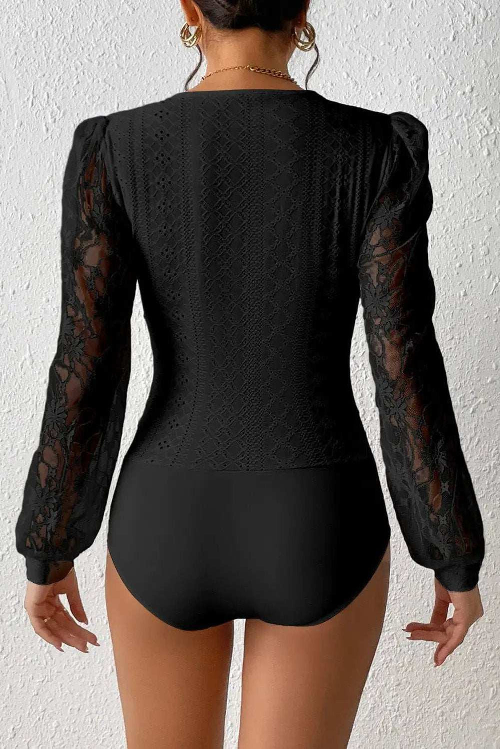 Eyelet Lace Long Sleeve Bodysuit - Trendsi - Flyclothing LLC