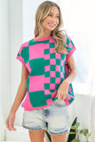 First Love Checkered Drop Shoulder Knit Top - Trendsi