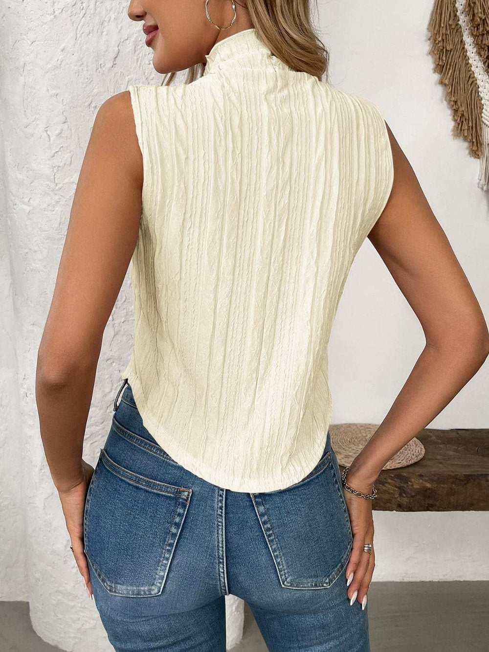 Texture Turtleneck Sleeveless Top - Trendsi - Flyclothing LLC