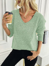 Casual V-Neck Drop Shoulder Sweater - Trendsi - Flyclothing LLC