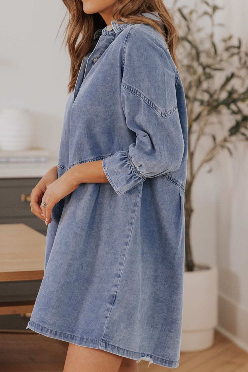 Distressed Collared Neck Flounce Sleeve Denim Dress - Trendsi - Flyclothing LLC